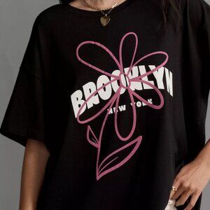 NWT By Anthropologie Cotton Vintage Graphic Dad Tee Oversized Black Top size S/M